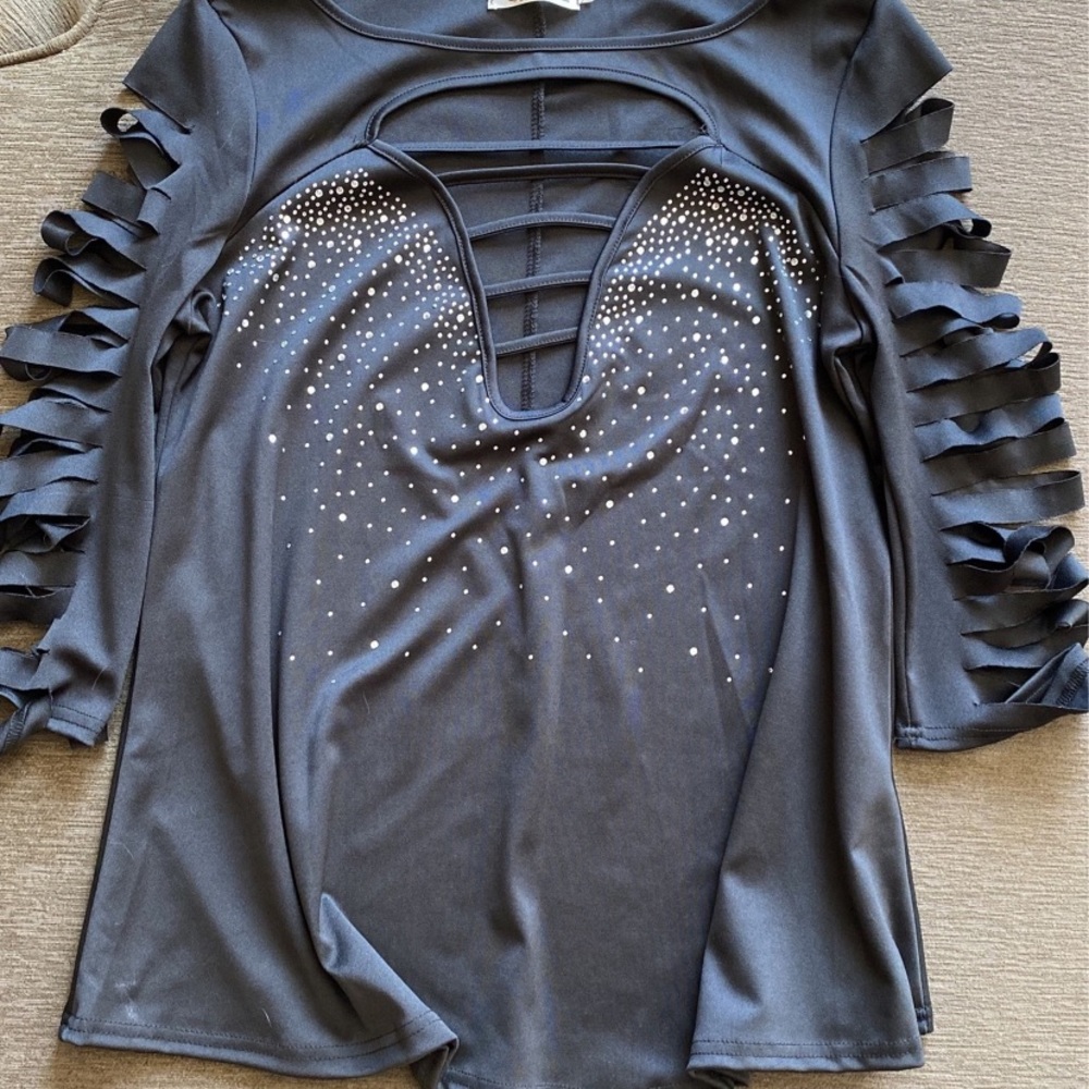 Ladies black, long sleeve top with rhinestones and arm slits - stretchy